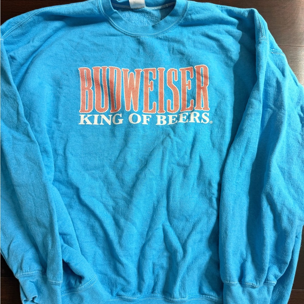Budweiser Turquoise Blue Crewneck Sweatshirt with Orange Logo